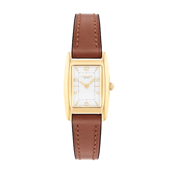 Ladies' Coach Reese Gold-Tone IP Stainless Steel Watch with White Dial and Brown Leather Strap (Model: 14504643)