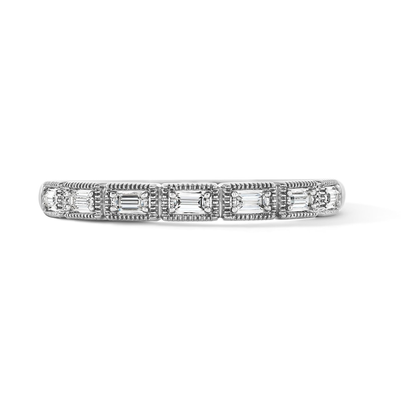 Main Image 1 of 1/10 CT. T.W. Baguette-Cut Lab-Grown Diamond Milgrain Anniversary Ring in 10K White Gold (F/VS2)