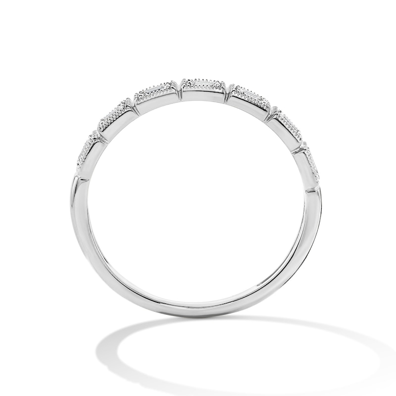 Main Image 2 of 1/10 CT. T.W. Baguette-Cut Lab-Grown Diamond Milgrain Anniversary Ring in 10K White Gold (F/VS2)