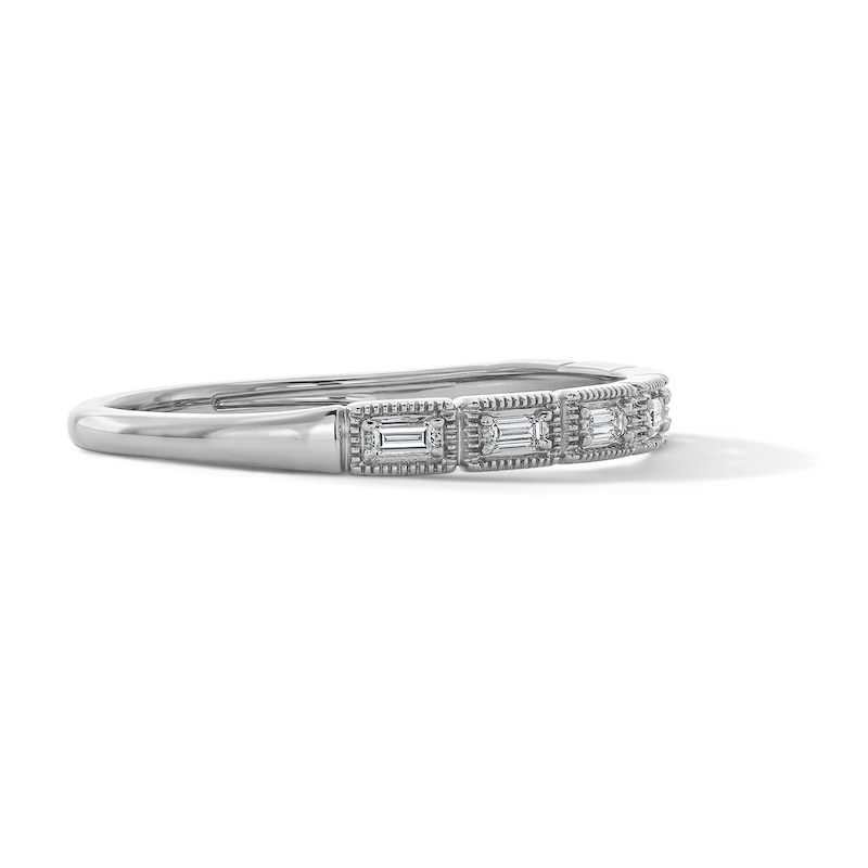 Main Image 3 of 1/10 CT. T.W. Baguette-Cut Lab-Grown Diamond Milgrain Anniversary Ring in 10K White Gold (F/VS2)