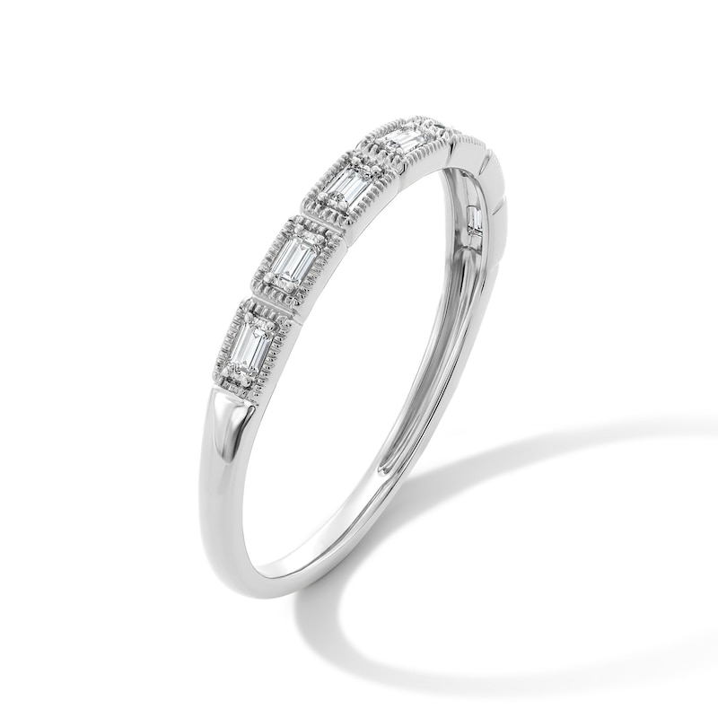Main Image 4 of 1/10 CT. T.W. Baguette-Cut Lab-Grown Diamond Milgrain Anniversary Ring in 10K White Gold (F/VS2)