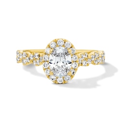 1 CT. T.W. Oval Certified Lab-Grown Diamond Frame Engagement Ring with Twist Shank in 14K Gold (F/VS2)