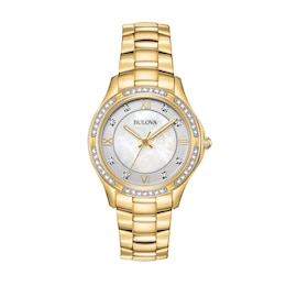 Ladies' Bulova Classic Crystal Gold-Tone IP Stainless Steel Watch with Mother-of-Pearl Dial (Model: 98L256)