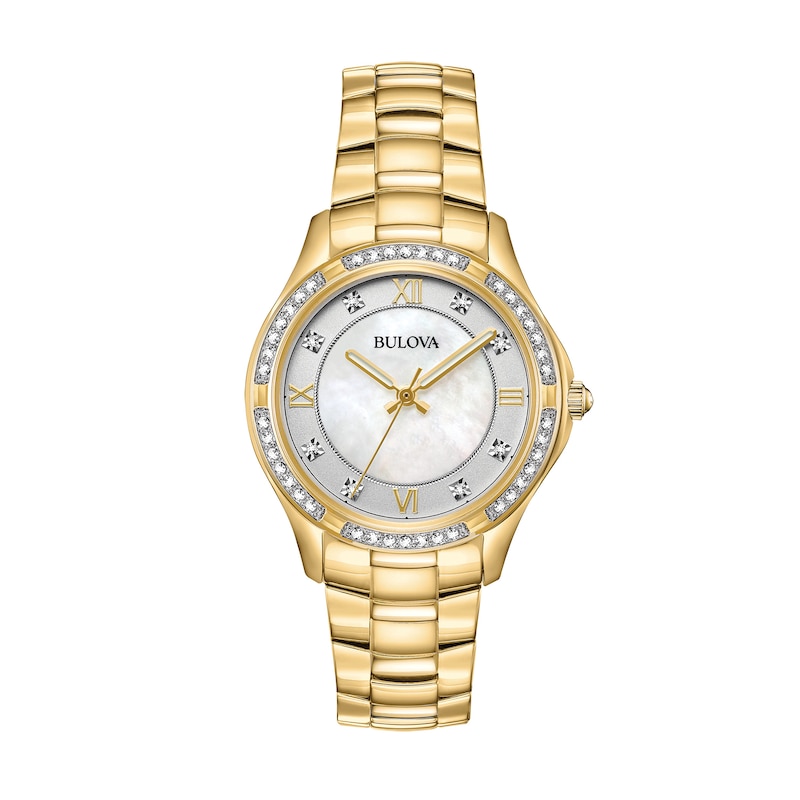Main Image 1 of Ladies' Bulova Classic Crystal Gold-Tone IP Stainless Steel Watch with Mother-of-Pearl Dial (Model: 98L256)