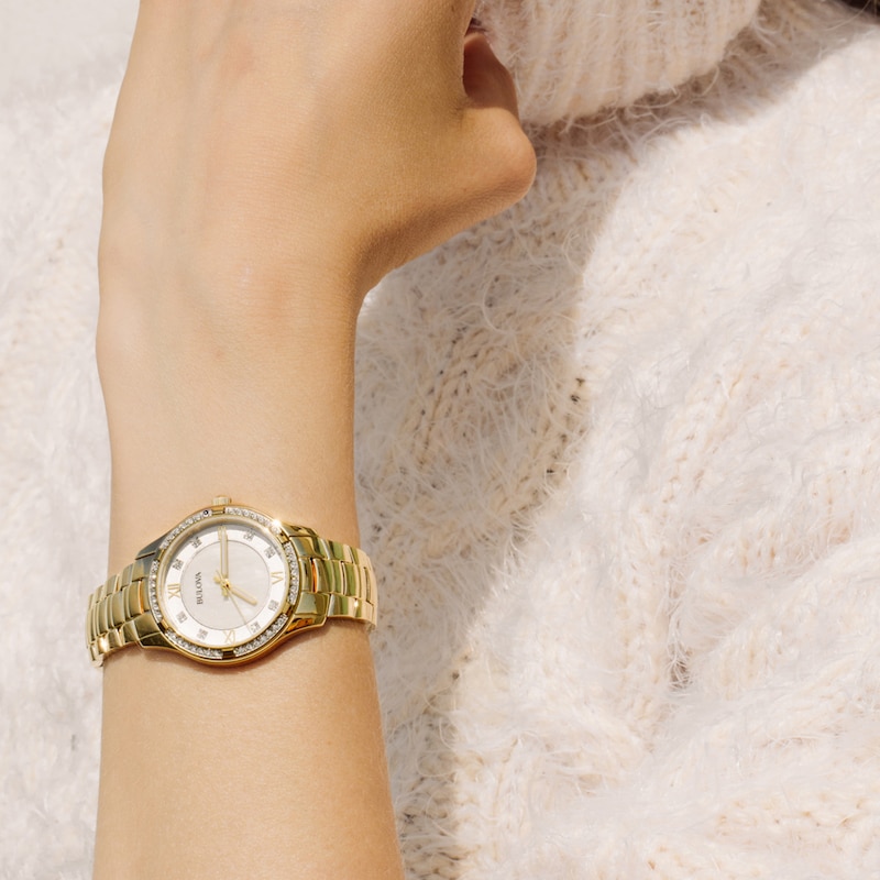 Main Image 4 of Ladies' Bulova Classic Crystal Gold-Tone IP Stainless Steel Watch with Mother-of-Pearl Dial (Model: 98L256)