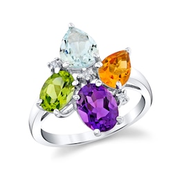 Aquamarine, Citrine, Amethyst, Peridot, and 1/20 CT. T.W. Diamond Multi-Shape Cluster Ring in Sterling Silver