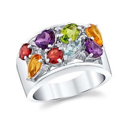 Garnet, Citrine, Amethyst, Aquamarine, Peridot and 1/20 CT. T.W. Diamond Multi-Shape Scatter Ring in Sterling Silver