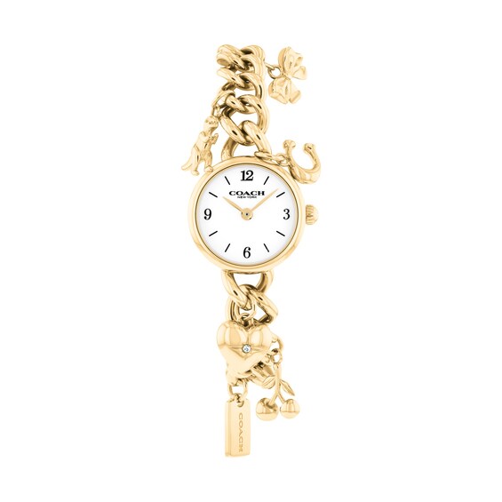 Ladies' Coach Iris Gold-Tone IP Stainless Steel Charm Watch with White Dial and Crystal Accents (Model: 14504648)