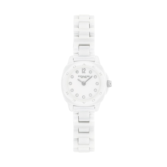 Ladies' Coach Kitt Stainless Steel and White Ceramic Watch with Crystal Accents (Model: 14504662)