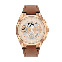 Men's Coach Jackson Rose-Tone IP Stainless Steel Chronograph Watch with Brown Leather Strap (Model: 14602772)