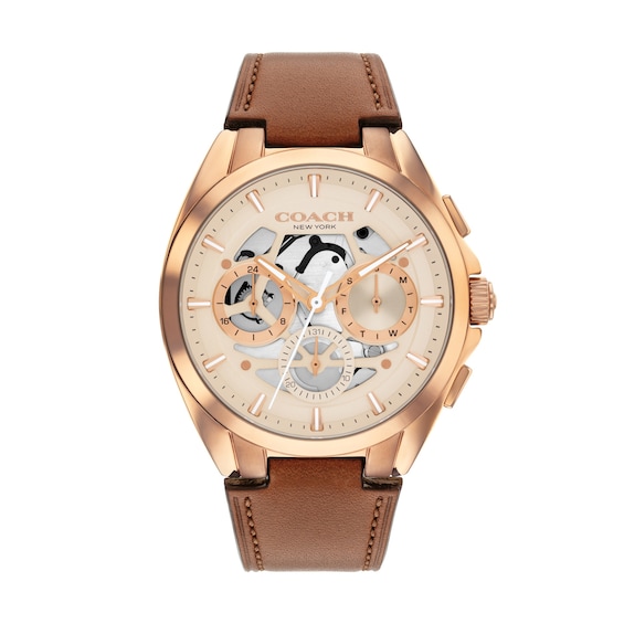 Men's Coach Jackson Rose-Tone IP Stainless Steel Chronograph Watch with Brown Leather Strap (Model: 14602772)