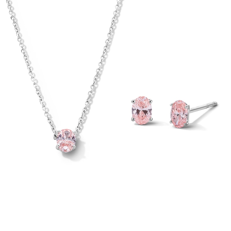 Main Image 1 of 3/4 CT. T.W. Oval Pink Lab-Grown Diamond Solitaire Necklace and Stud Earrings Set in Sterling Silver (SI2)