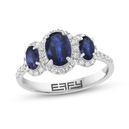 EFFY™ Oval Sapphire and 1/4 CT. T.W. Diamond Three-Stone Halo Ring in 14K White Gold