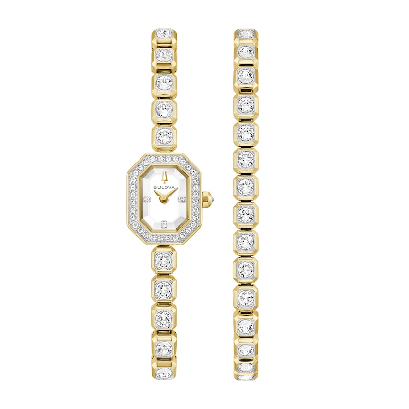 Main Image 1 of Ladies' Bulova Crystal Quartz Gold-Tone Stainless Steel Watch and Tennis Bracelet Set (Model: 98X145)