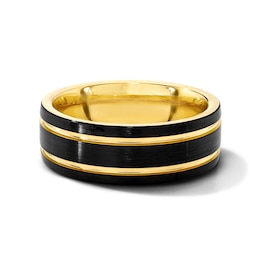 8.0mm Double Stripe Brushed Wedding Band in Tungsten with Black and Yellow Ion Plate