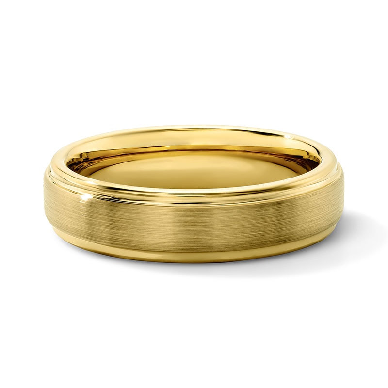 Main Image 1 of 6.0mm Engravable Satin-Finish Wedding Band in Tungsten with Yellow Ion Plate