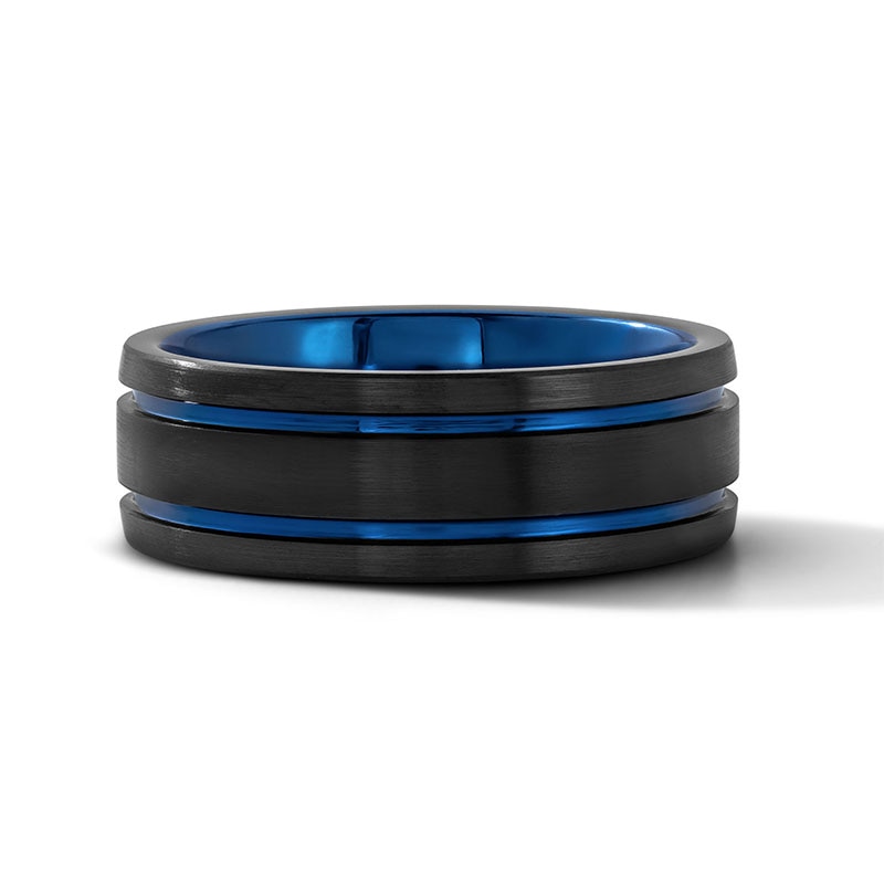 Main Image 1 of 8.0mm Engravable Grooved Wedding Band in Tungsten with Black and Blue Ion Plate