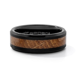 8.0mm Engravable Wood Inlay Wedding Band in Tungsten with Black Ion Plate