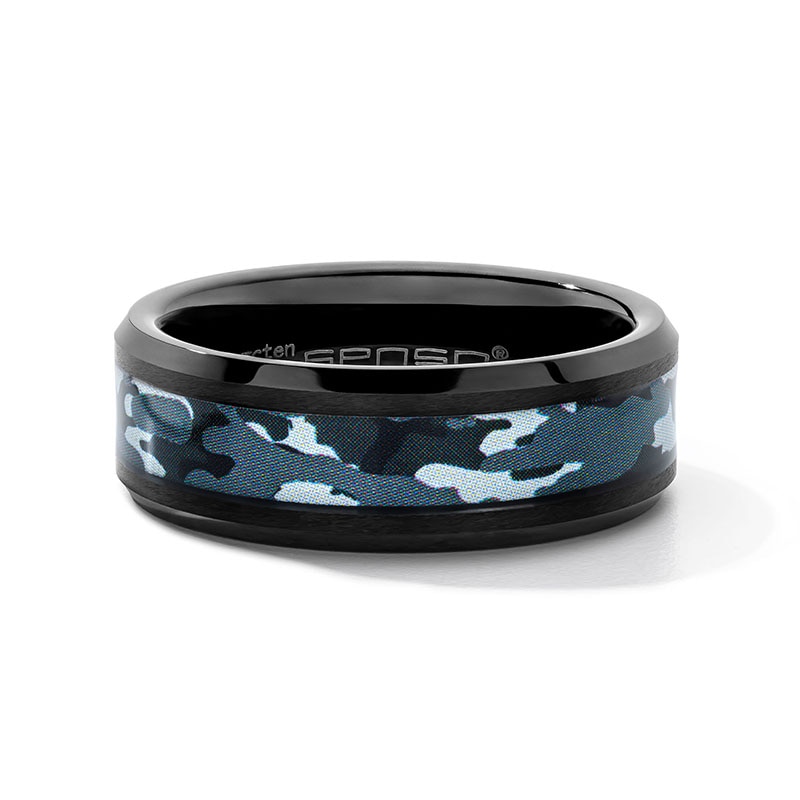 Main Image 1 of 8.0mm Engravable Camo Stripe Wedding Band in Tungsten with Black Ion Plate