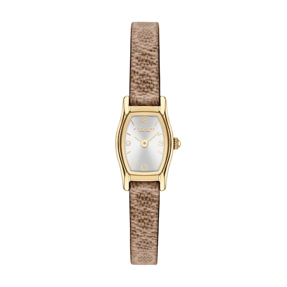 Ladies' Coach Greta Gold-Tone IP Stainless Steel Watch with Silver-Tone Dial and Brown Leather Strap (Model: 14504720)