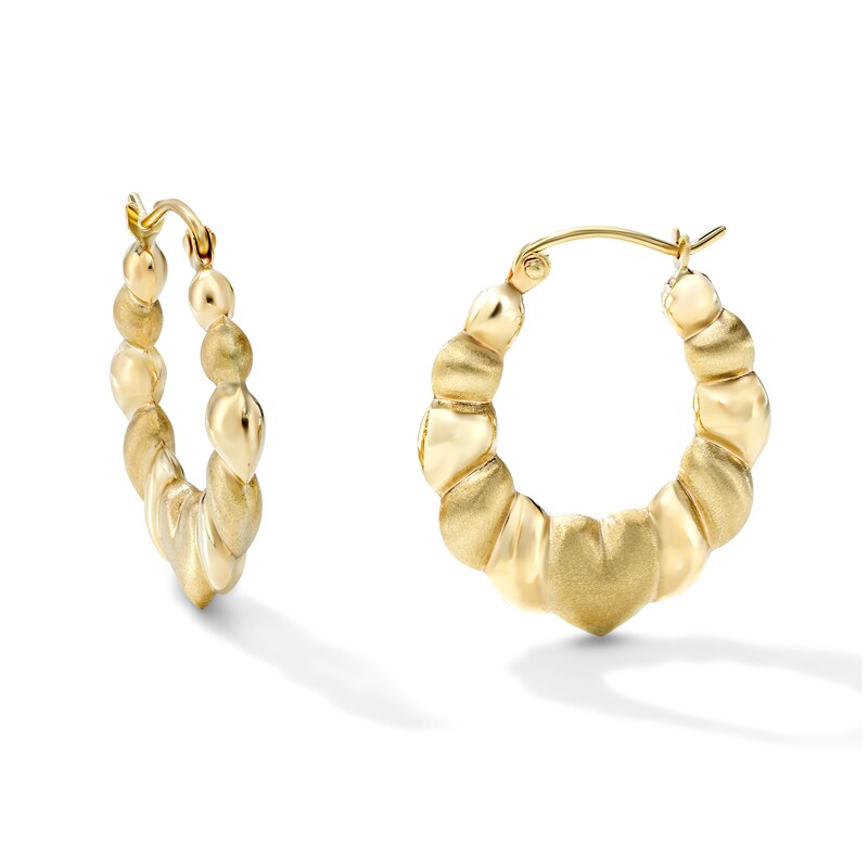 Main Image 1 of 22.5mm Textured Heart Hoops in Hollow 10K Gold