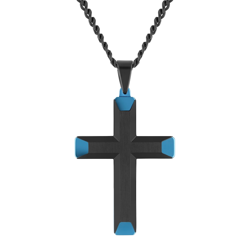 Main Image 1 of Cross Pendant in Black and Blue Ion-Plated Stainless Steel - 24"