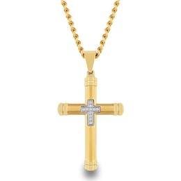 1/20 CT. T.W. Diamond Cross Pendant in Yellow Ion-Plated Stainless Steel - 24"