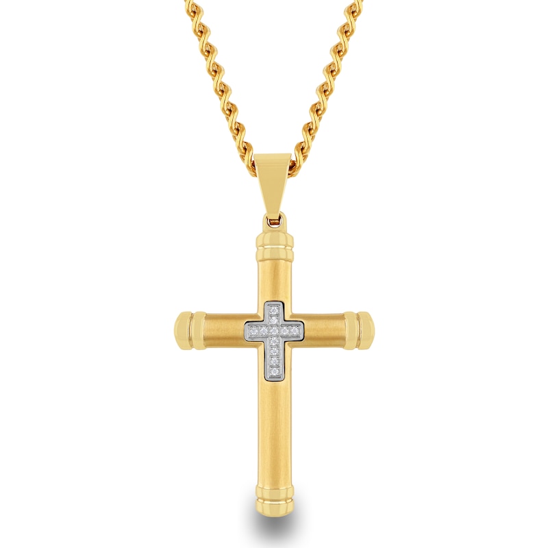 Main Image 1 of 1/20 CT. T.W. Diamond Cross Pendant in Yellow Ion-Plated Stainless Steel - 24"