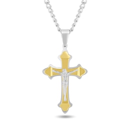Crucifix Pendant in Stainless Steel with Yellow Ion Plate - 24"