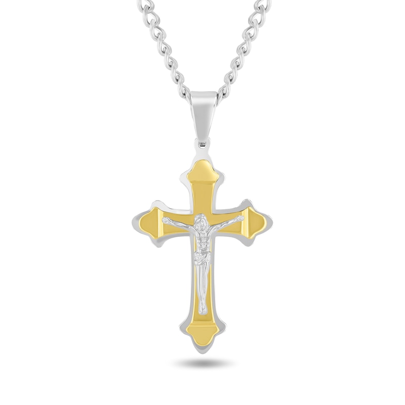 Main Image 1 of Crucifix Pendant in Stainless Steel with Yellow Ion Plate - 24"
