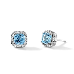 Cushion-Cut Blue Topaz and Lab-Created Sapphire Frame Earrings in Sterling Silver