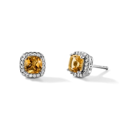 Cushion-Cut Citrine and Lab-Created Sapphire Frame Earrings in Sterling Silver