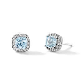 Cushion-Cut Aquamarine and Lab-Created Sapphire Frame Earrings in Sterling Silver