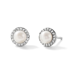 Cultured Pearl and Lab-Created Sapphire Frame Earrings in Sterling Silver