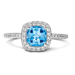 Cushion-Cut Blue Topaz and Lab-Created Sapphire Frame Ring in Sterling Silver