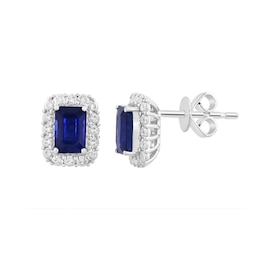 EFFY™ Collection Emerald-Cut Blue Sapphire Halo Stud Earrings in 14K White Gold