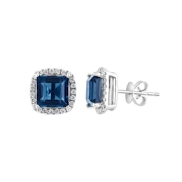 EFFY™ Collection Princess-Cut London Blue Topaz and 1/3 CT. T.W. Diamond Stud Earrings in 14K White Gold