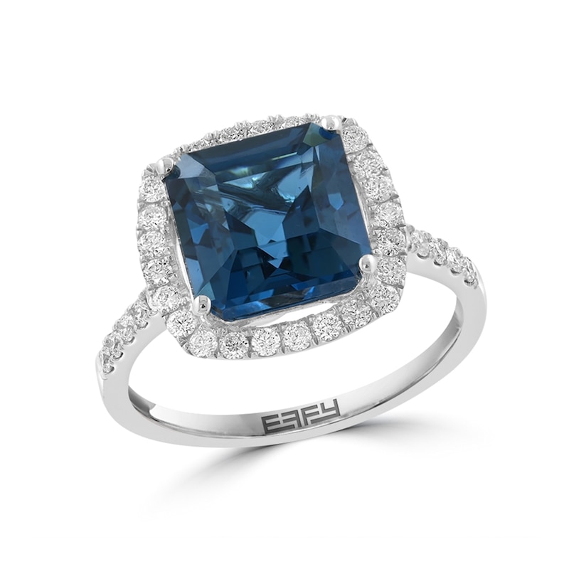 Main Image 1 of EFFY™ Collection Princess-Cut London Blue Topaz and 3/8 CT. T.W. Diamond Frame Ring in 14K White Gold