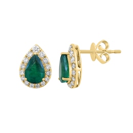 EFFY™ Collection Pear-Shaped Emerald and 1/3 CT. T.W. Diamond Stud Earrings in 14K Gold