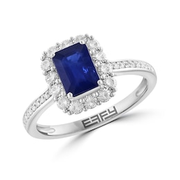 EFFY™ Collection Emerald-Cut Blue Sapphire and 1/20 CT. T.W. Diamond Ring in 14K White Gold