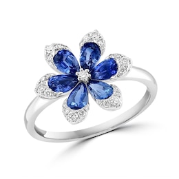 EFFY™ Collection Pear-Shaped Blue Sapphire and 1/5 CT. T.W. Diamond Flower Ring in 14K White Gold