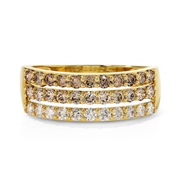 7/8 CT. T.W. Brown, Champagne and White Diamond Three-Row Ring in 10K Gold
