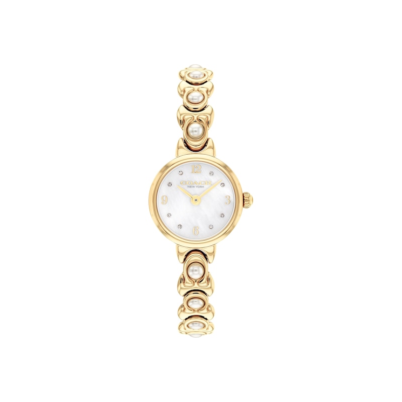 Main Image 1 of Ladies' Coach Iris Gold-Tone Stainless Steel Watch with Crystal and Simulated Pearl Accents (Model: 14504699)