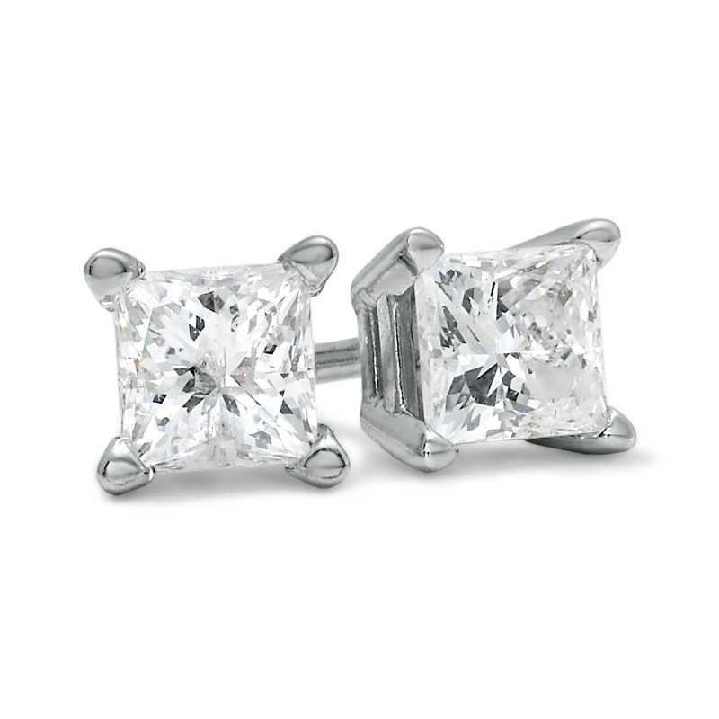 Main Image 1 of Previously Owned - 1/2 CT. T.W. Princess-Cut Diamond Solitaire Stud Earrings in 14K White Gold