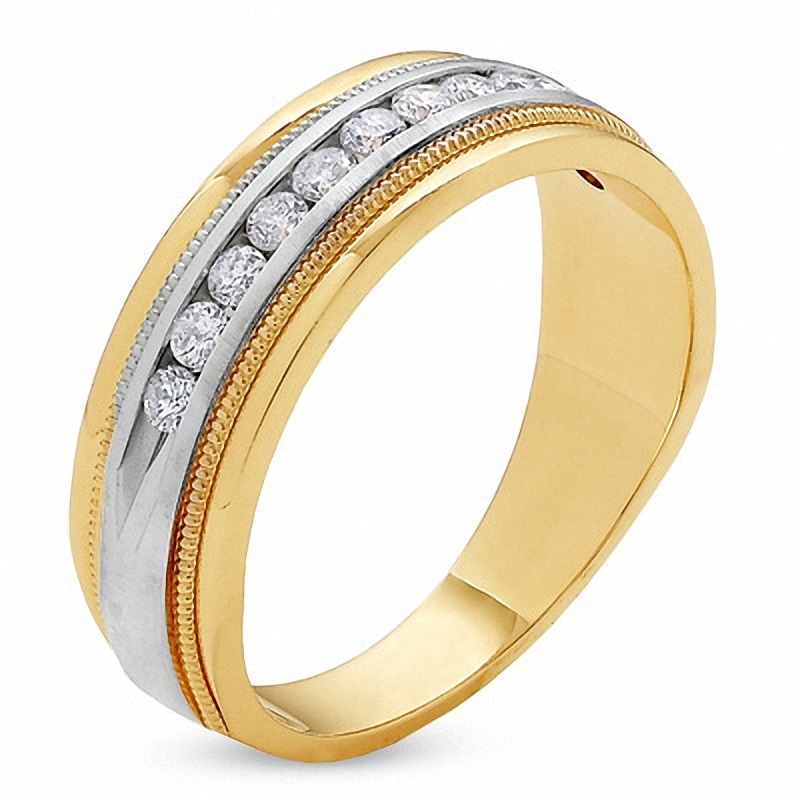 Previously Owned - Men's 1/2 CT. T.W. Diamond Channel Groove Milgrain Band in 14K Two-Tone Gold