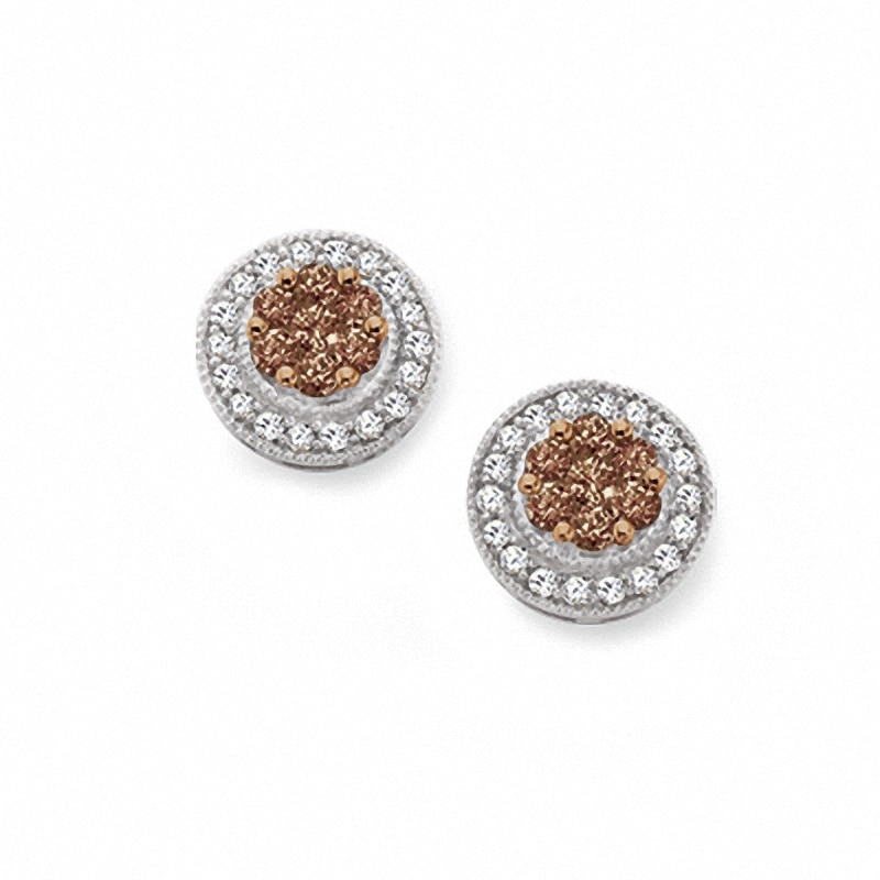 Main Image 1 of Previously Owned - 5/8 CT. T.W. Champagne and White Diamond Love Circle Stud Earrings in 14K White Gold