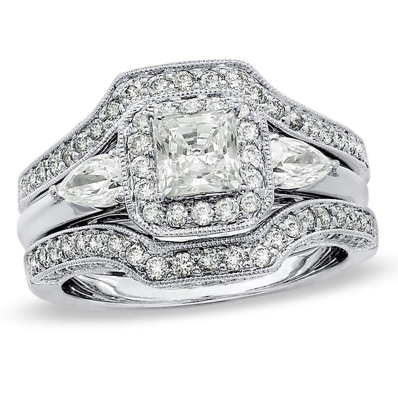 Main Image 1 of Previously Owned - 2 CT. T.W. Princess-Cut Diamond Frame Bridal Set in 14K White Gold