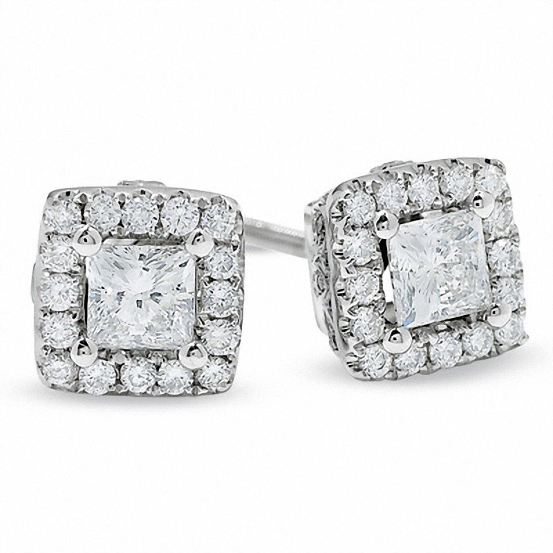 Previously Owned - 1 CT. T.W. Princess-Cut Celebration Diamond® Framed Stud Earrings in 18K White Gold