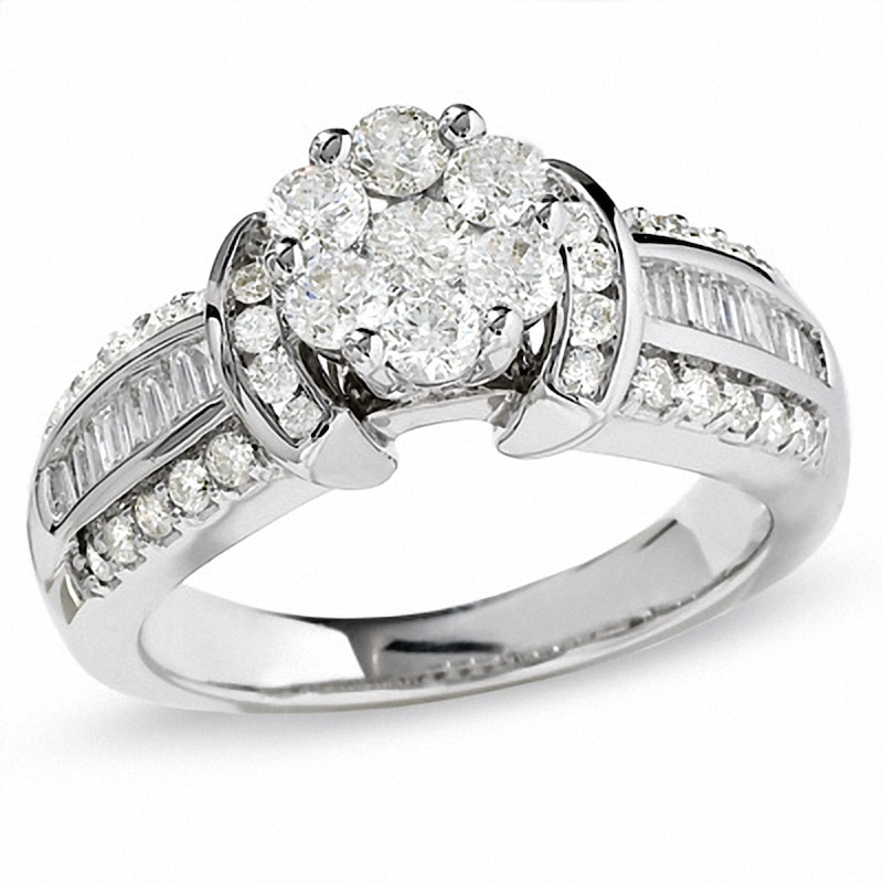 Main Image 1 of Previously Owned - 1-1/4 CT. T.W. Diamond Flower Collar Ring with Baguette Side Stones in 14K White Gold