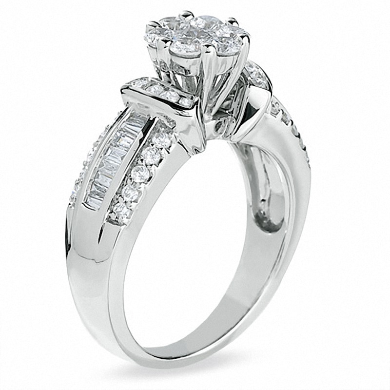 Main Image 2 of Previously Owned - 1-1/4 CT. T.W. Diamond Flower Collar Ring with Baguette Side Stones in 14K White Gold